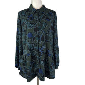 LOGO Lori Goldstein Blouse Tunic size Medium Olive Green Blue Floral Ruffle Slim